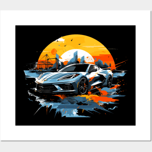 Hypersonic Gray C8 Corvette Racecar Industrial Sunset Posters and Art